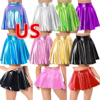 US Womens Patent Leather Flared Skirt Wet-look Latex A-Line Party Mini Skirts • $15.45