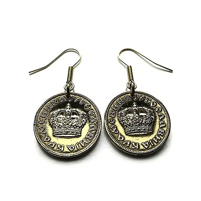 1938 Yugoslavia Dinar Coin Earrings Golden Crown Serbia Croatia Belgrade E000303 • $47.99