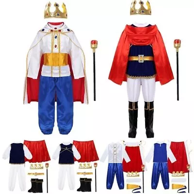 King Costume Boys Medieval Prince Kids Crown Fancy Dress Up Cape Cosplay Outfit • £20.24