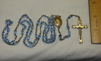 Chapel Sterling Silver & Faceted Blue Glass Cylinder Beads Rosary 21 3/8  Vtg • $0