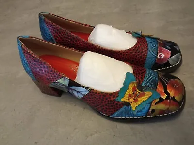 Obiono Womens Sz 5 Unique Handpainted Leather Square Heel Butterfly Shoes 🦋 • £25