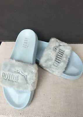 $47 • Buy Puma X Fenty Rihanna Blue Faux Fur Slides Shoes Size UK 7 EUR 40,5