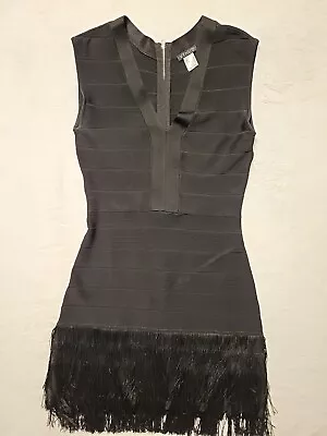 Venus Bandage Fringe Dress Womens 12 Black Sleeveless V Neck Midi Zip • $36.97