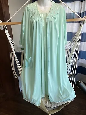 Shadowline Peignoir Set Aqua Seafoam  Robe & Gown 100% Nylon Vintage LOOK M/L • $32