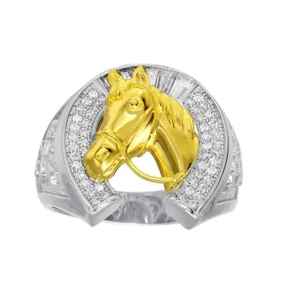 Men's Sterling Silver Horseshoe Ring W/CZ Stones & Yellow Gold Plated Horse Head • $59.99