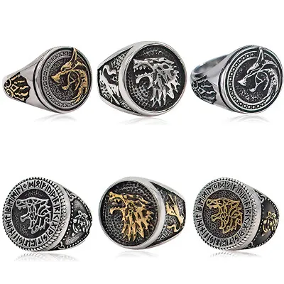 Men Viking Wolf Head Ring Stainless Steel Rune Pagan Protection Nordic Amulet • $9.99