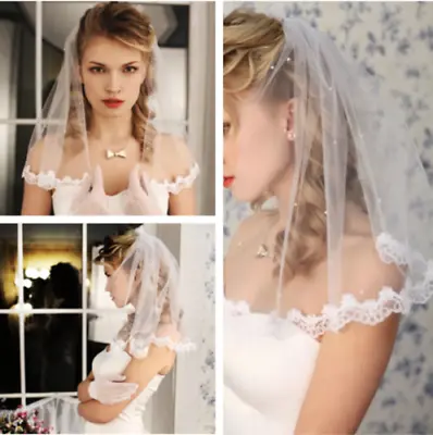 Ivory White Wedding Veils Shoulder Length Pearls Short With Comb Bridal Veil • $9.99
