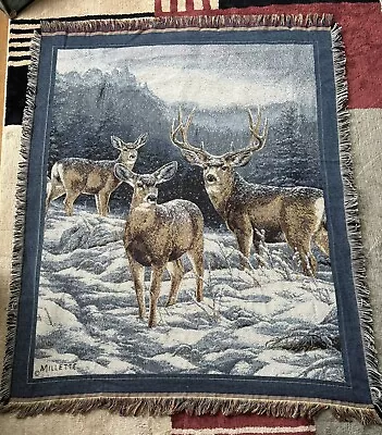 Mohawk Home Deer Buck In Snow Fringed Throw Millette Decorative Tapestry Blue • $26.88