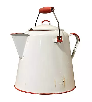 Large Vintage Enamel Ware White Red Handle Cowboy Coffee Pot Kettle Enamelware • $0.99