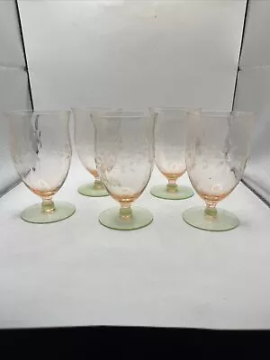 Vintage Tiffin Pink & Green Watermelon Optic Uranium Base Etched Glasses (5) • $70