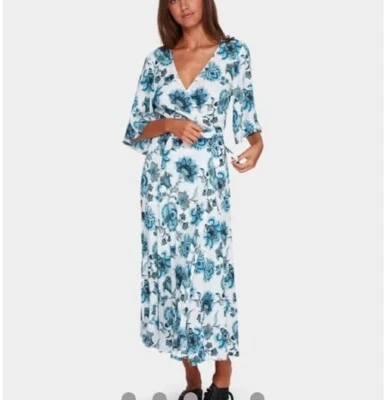 $75 • Buy Nwt Tigerlilly ALIKI WRAP DRESS 12. Beautiful White And Blue Floral Dress
