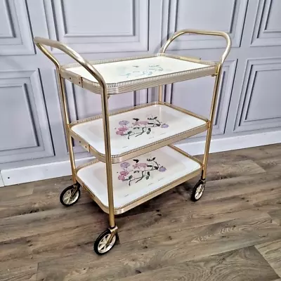 Vintage Retro 3 Tier Gold Cocktail Drinks Tea Hostess Trolley Gin Cart - Display • £59.99