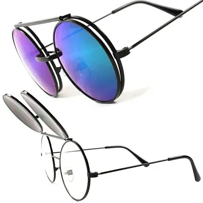 Black Retro Revival Eccentric Steampunk Flip-Up Sun Glasses Green Mirrored Lens • $14.99