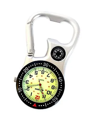 White Silver Clip-on Carabiner FOB Watch With Compass For Doctors Nurses Chefs • £12.49