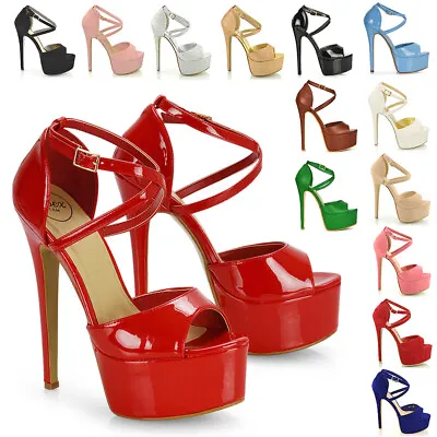 £27.99 • Buy Womens Strappy Platform Sandals Peep Toe Ladies Cross Straps Sky High Heel Shoes