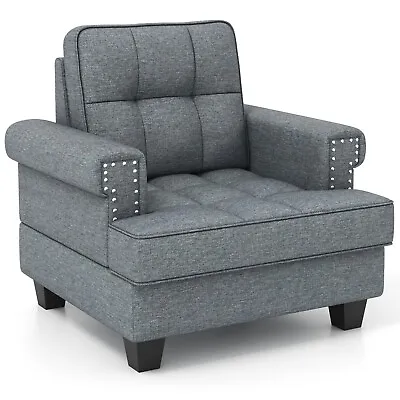 Modern Accent Armchair Tufted Upholstered Linen Club Chair With Extra Pillow • £159.95