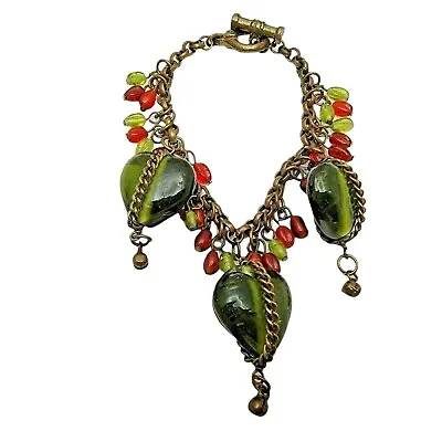 Vintage Green Hearts Red Glass Bead Dangle Bracelet Toggle Chain Hippie Boho • $25