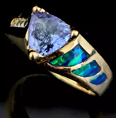 Vintage Tanzanite Diamonds Opal Inlay 14k Yellow Gold Ring Band Trillion Cut • $469