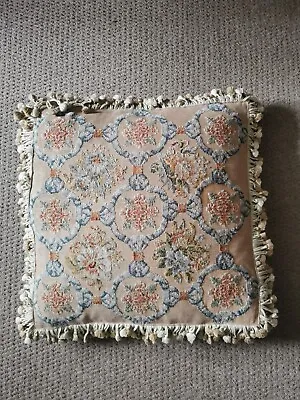 Vintage Needlepoint Beige Tapestry Feather Tasseled Edged Cushions 18  X 18  • £25