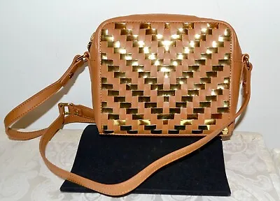 NWOT $325 MILLY Dylan Gold Metallic Woven Leather Crossbody Camera Handbag Camel • $146.30