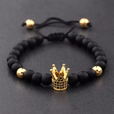 Men's Gold Plated Micro Pave Zircon Crown Bracelets Matte Onyx Macrame Bracelets • $6.47