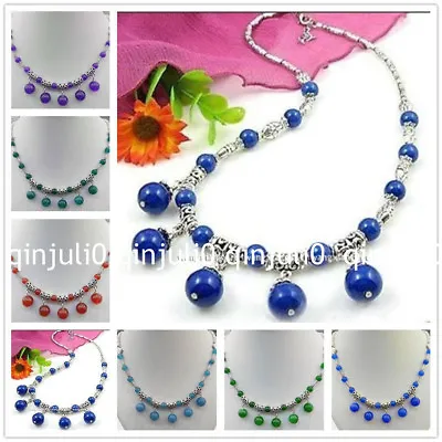 £3.58 • Buy Wholesale LOVELY NATURAL ROUND GEMS BEADS PENDANTS & TIBET SILVER NECKLACE 18 