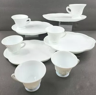 Colony Harvest Milk Glass (4) Snack Plates (6) Cups Vintage Indiana White Grapes • $49.97