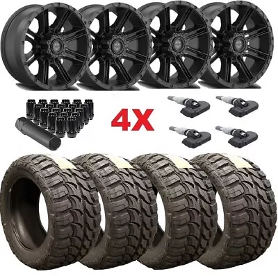 Gloss Black Eight 8 Lug American Outlaw Wheels Rims W Tires 33 12.50 20 Mud Mt • $2195