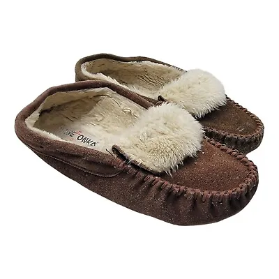 Minnetonka Moccasins Womens Sz 8 Brown Leather  Slippers Faux Fur-Lined  • $15.99
