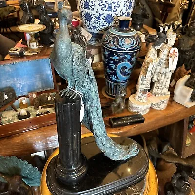 Vintage Bronze Peacock Bird On A Marble Column 19 3/4” • $599