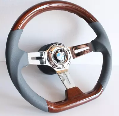 Steering Wheel Fits For BMW  Flat Wood Chrome Grey Leather E24 E28 E30 E34 86-92 • $206.97