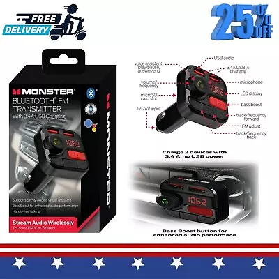 Monster LED Bluetooth FM Transmitter With 2 USB Ports 3.4 Amp 0.25lb New • $23.99