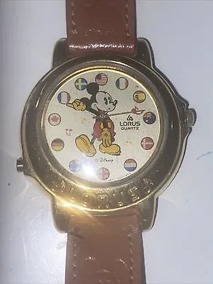 VNTG Lorus Mickey Mouse Watch Unisex Gold Tone Music V422-0020 Its A Small World • $39.99