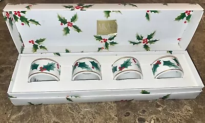 Mikasa Holiday  Ribbon Holly Set Of4 Napkin Rings Bone China Fx017/588 • $35