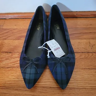 NWT J Crew 9M Black Watch Plaid Pointed Toe Ballet Flats Shoes Bow Tie • $49.97