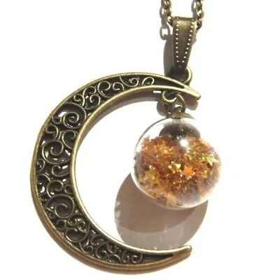 $9.99 • Buy STARDUST PENDANT Bronze Filigree Crescent Moon Jar Gold Star Glitter Necklace 4H
