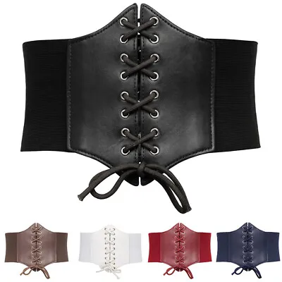 Ladies Leather Waist Belt Cincher Corset Wide Band Elastic Tied Waspie Black • £3.57