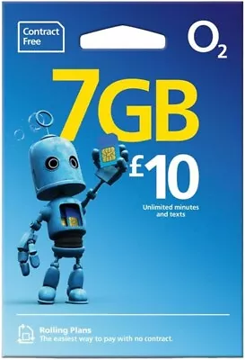 O2 Sim Card Pay As You Go £10 7GB Data Unlimited Calls Standard Micro Nano £0.2p • £0.99