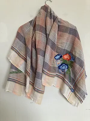 Vismaya Scarf 100% Cotton Plaid Embroidered Flowers Square 51x51 • $35.20