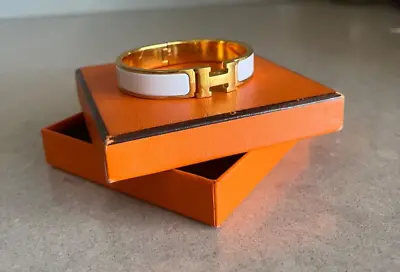 $350 • Buy Pre Owned Hermes Narrow Clic H Bracelet PM, White  Enamel/ Gold Hardware