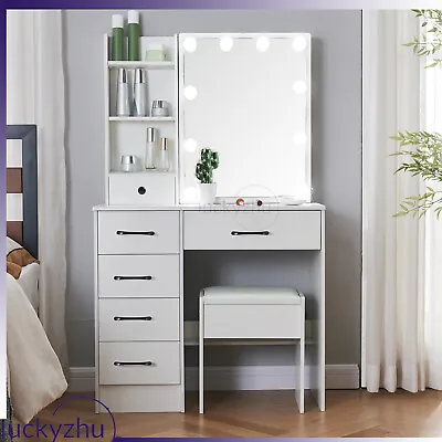 Dressing Table W/ 10 LED Sliding Mirror & 6 Drawers Vanity Makeup Desk Stool Set • £138.85