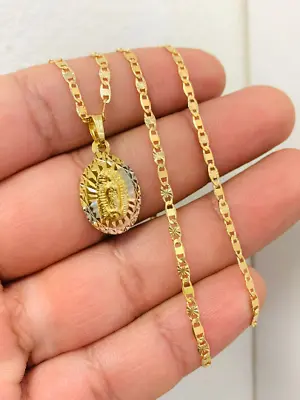 Virgen De Guadalupe Medalla Pendant Necklace 20” Tres Color Cadena Oro Laminado • $21.59