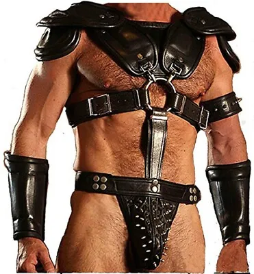 Real Black Leather Roman Gladiator Set Mens Uniform Larp Goth Steampunk • £74.79