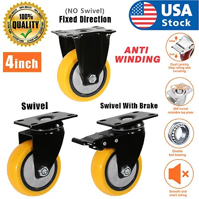 $20.98 • Buy USA 4 Inch Caster Wheels Swivel Plate Total Lock Brake On Yellow Polyurethane