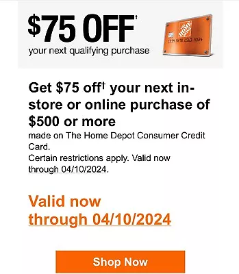 HOME DEPOT COUPON - $75 OFF $500 W/HOME DEPOT CREDIT STORE & ONLINE Exp 4/10/24 • $15