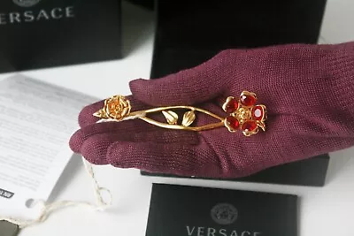 Authentic Versace Gold Metal V-Floral Garden Hand Cuff Bracelet Red • $350