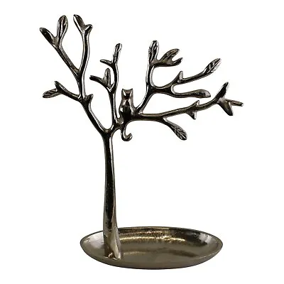 Silver Metal Jewellery Stand Tree With Cat Figure Ring Chain Earring Hanger Bowl • £23.99