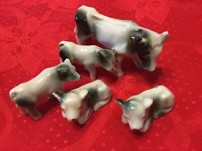 Set 5 Vtg Miniature Cow Calves Bone China Black White Occupied Japan Barn Farm • $14.95