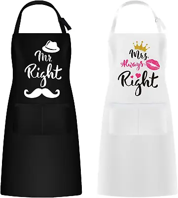 LAMEK 2PCS Mr & Mrs Apron Couples Kitchen Aprons With Adjustable Strap For Men • £15.73