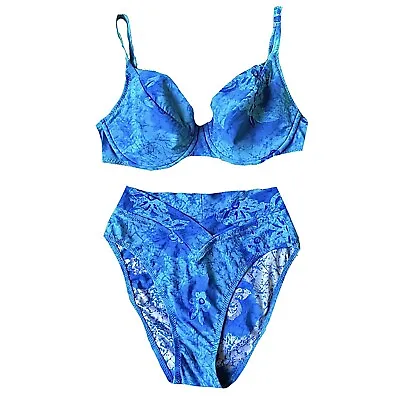 VINTAGE 1980s | Blue Floral Underwire Top Crossover High Waist Bikini Set • $69.95